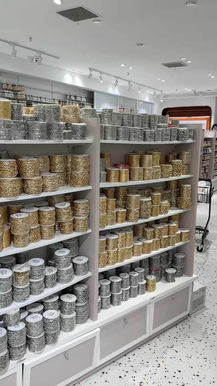 Rows of jewelry chain and accessory materials observed during a Yiwu sourcing visit
