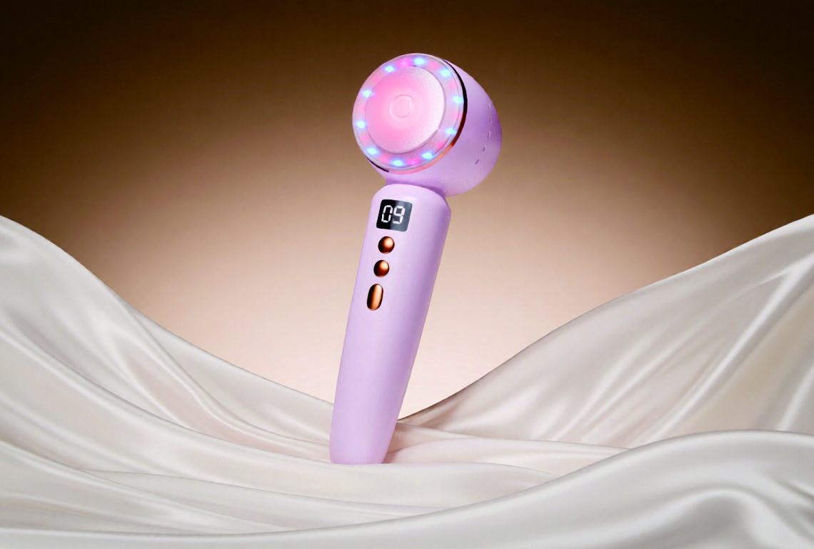 Pink handheld facial-care device with a circular treatment head, from supplier materials