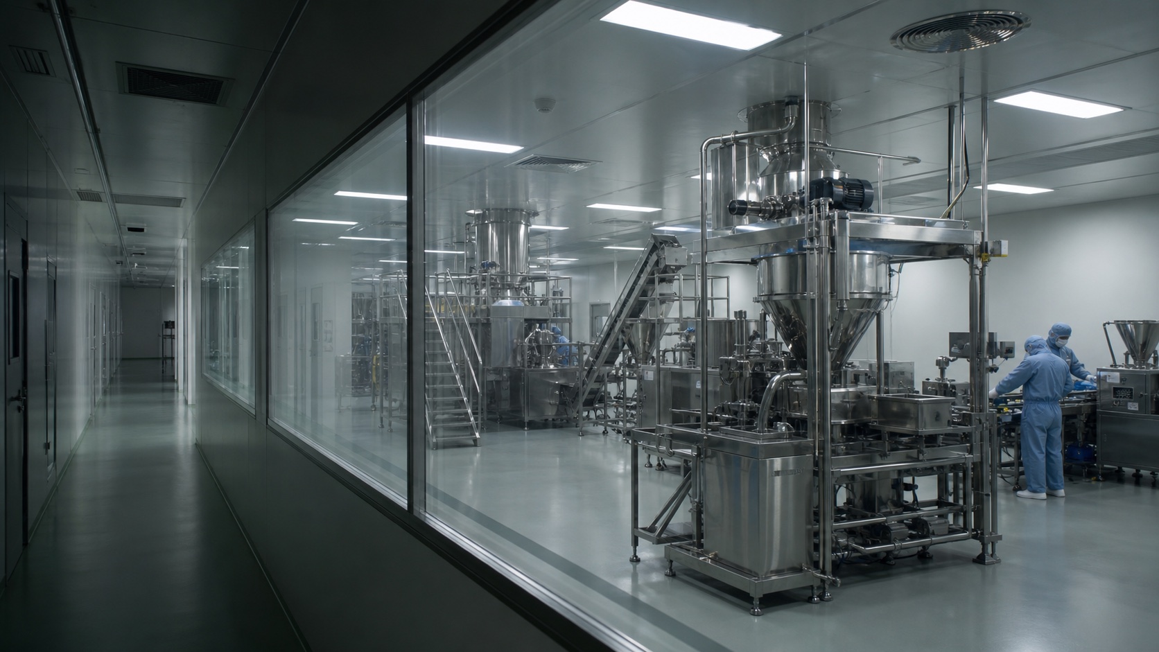 Anonymous nutraceutical production equipment viewed through a cleanroom observation corridor