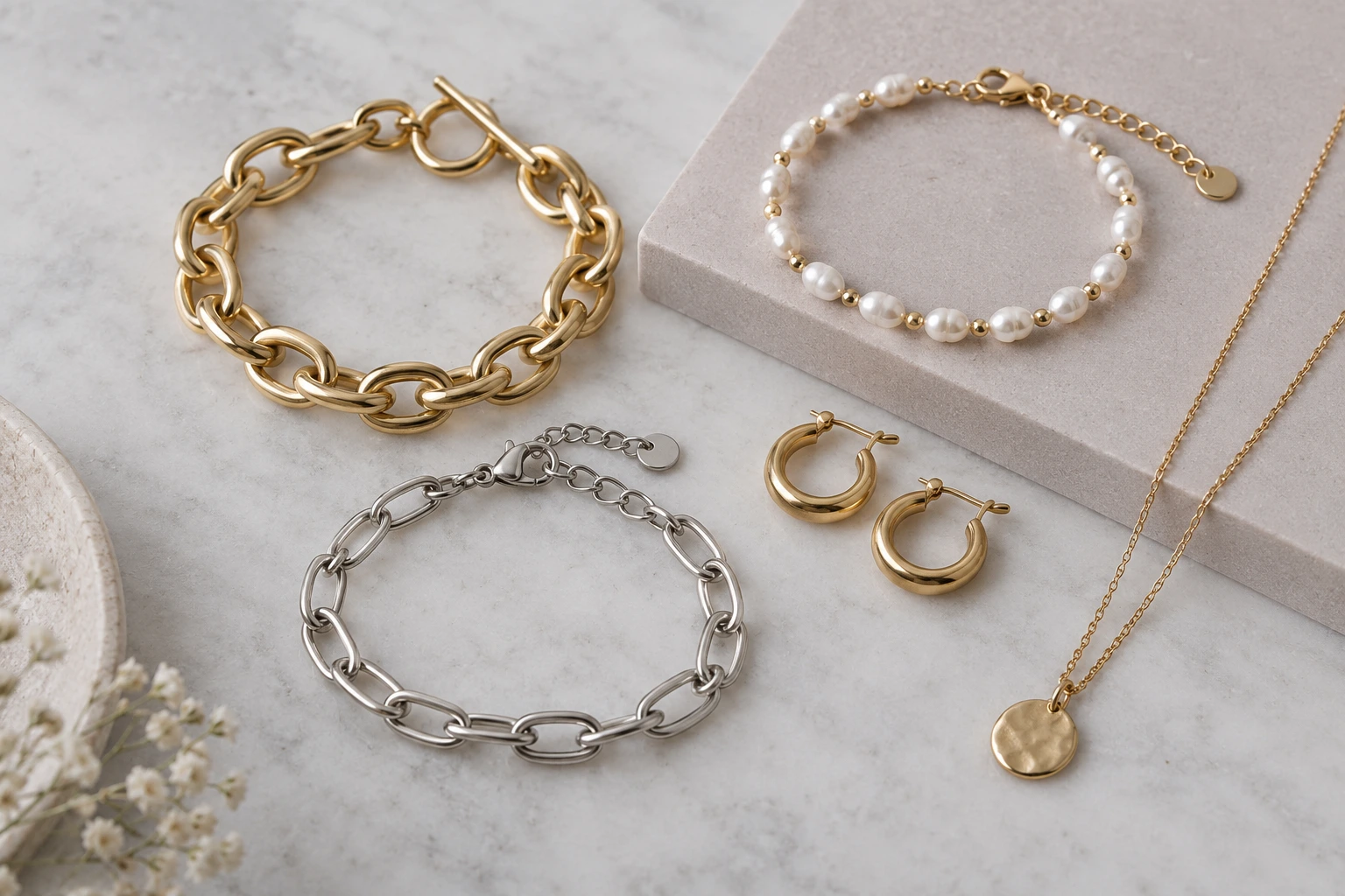 Gold-tone, silver-tone and pearl bracelets with hoop earrings and a delicate necklace