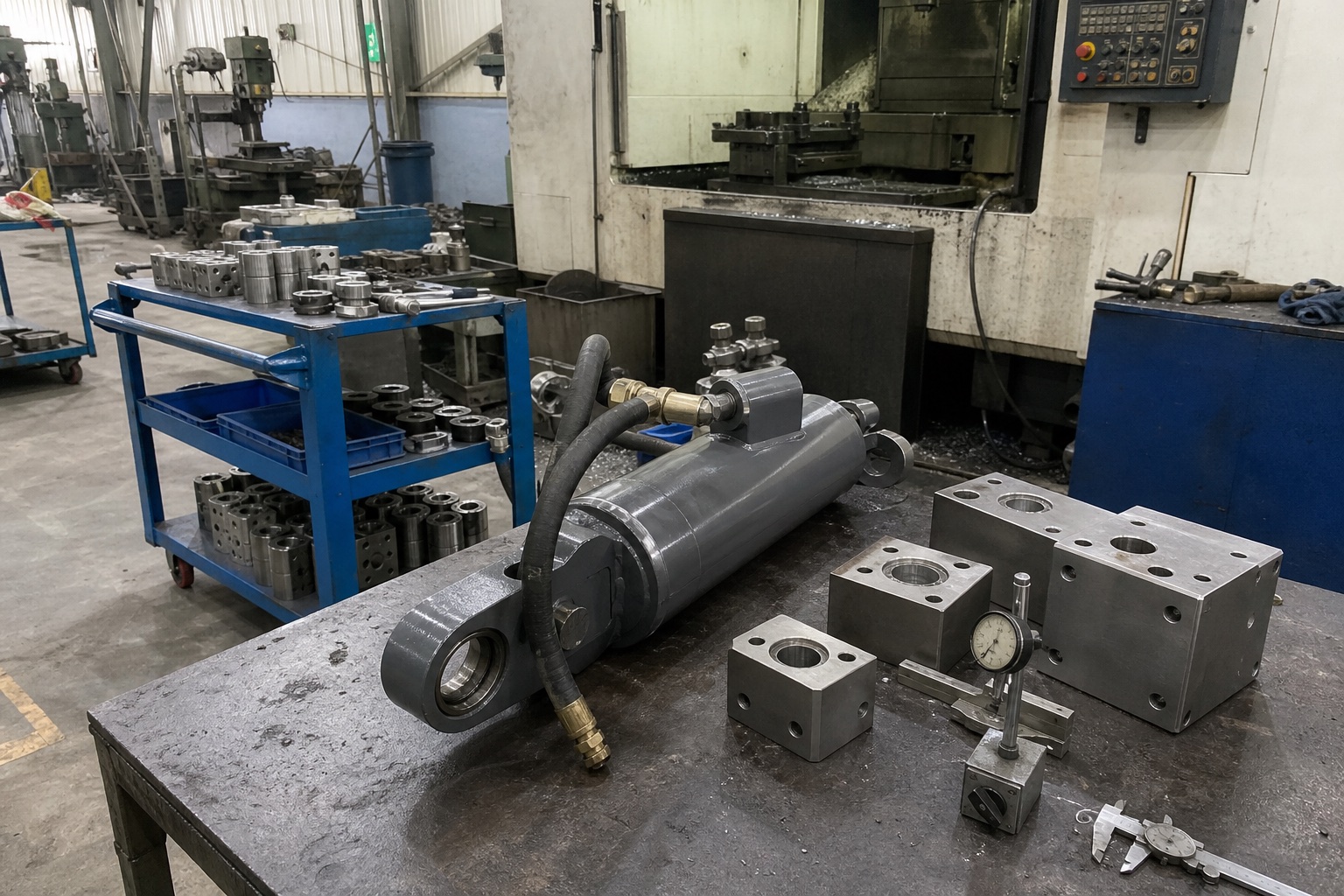 Hydraulic cylinder and machined components on an industrial factory workbench