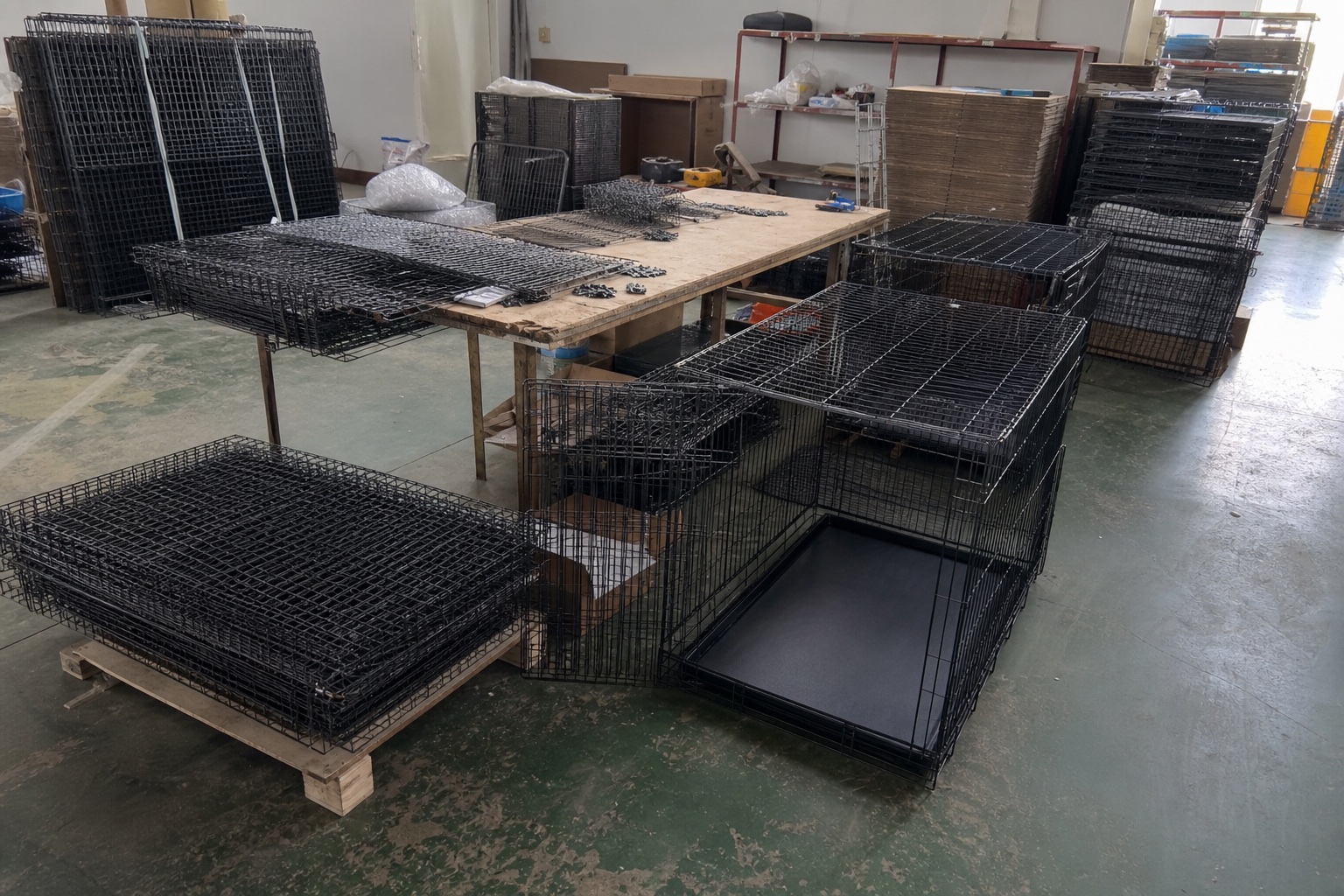 Metal pet crates and components on a working factory assembly floor