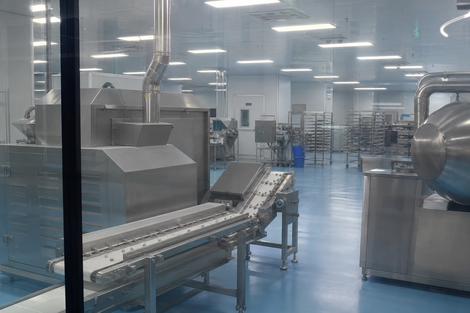 Privacy-safe view of supplement production equipment in a Chinese cleanroom