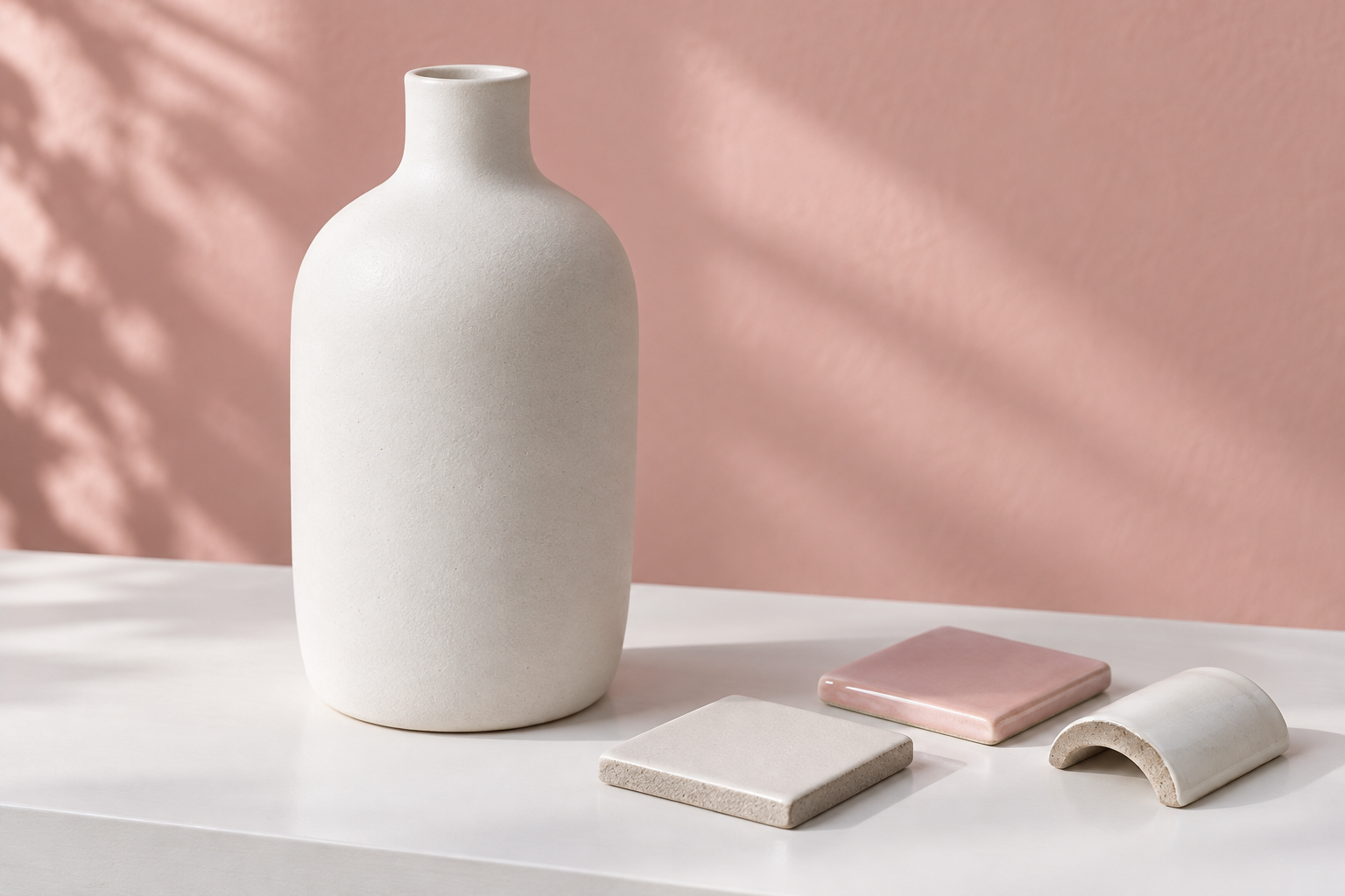 A matte-white bottle-shaped stoneware vase and finish samples for an illustrative decor brief