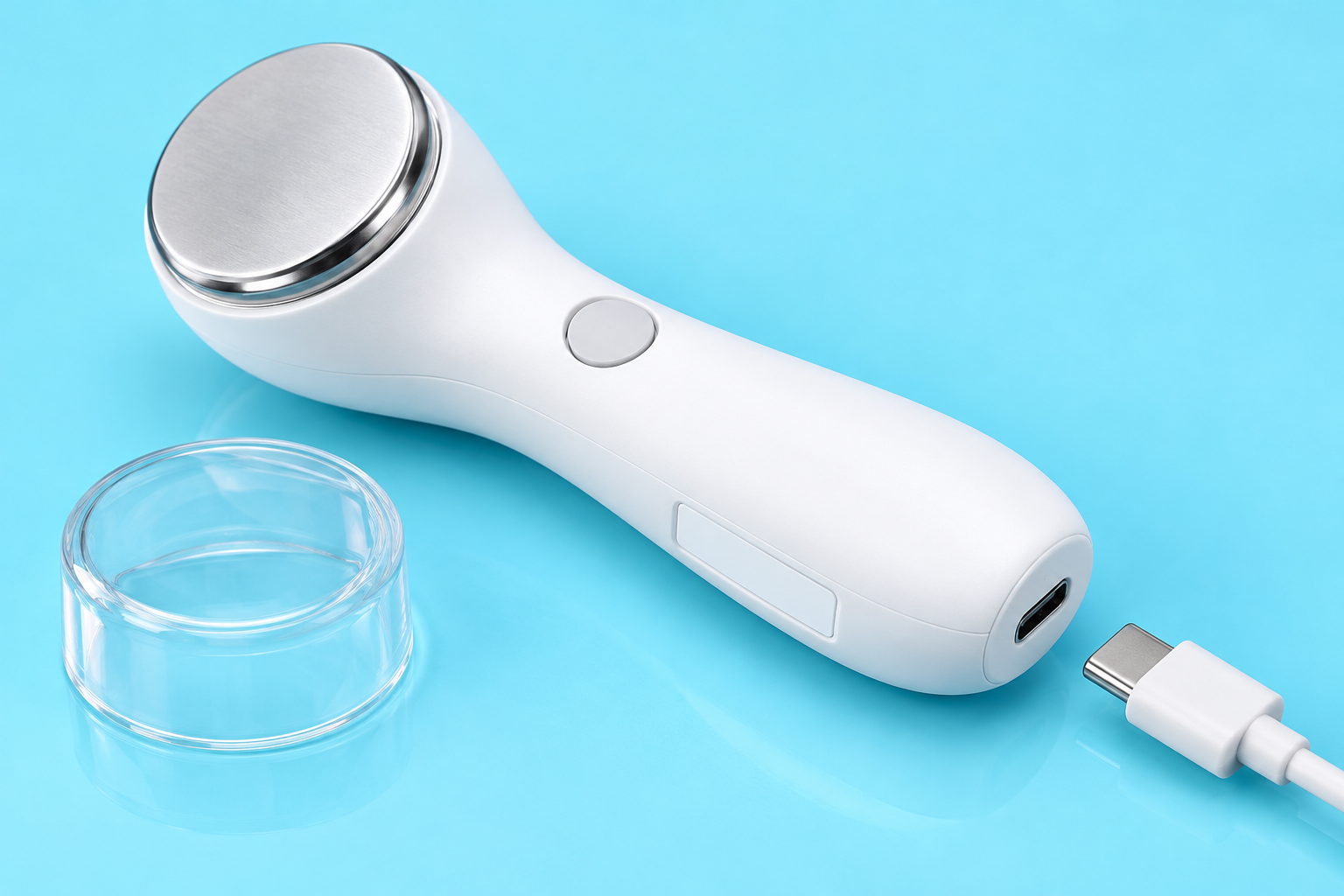 Close-up of a generic white handheld facial-care device with its identification-label area and accessories