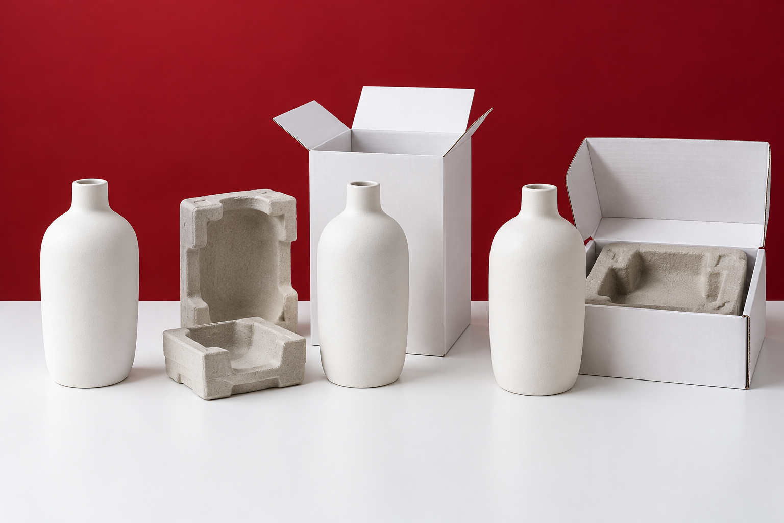 Matching matte-white stoneware vases with protective packing for a supplier cost comparison