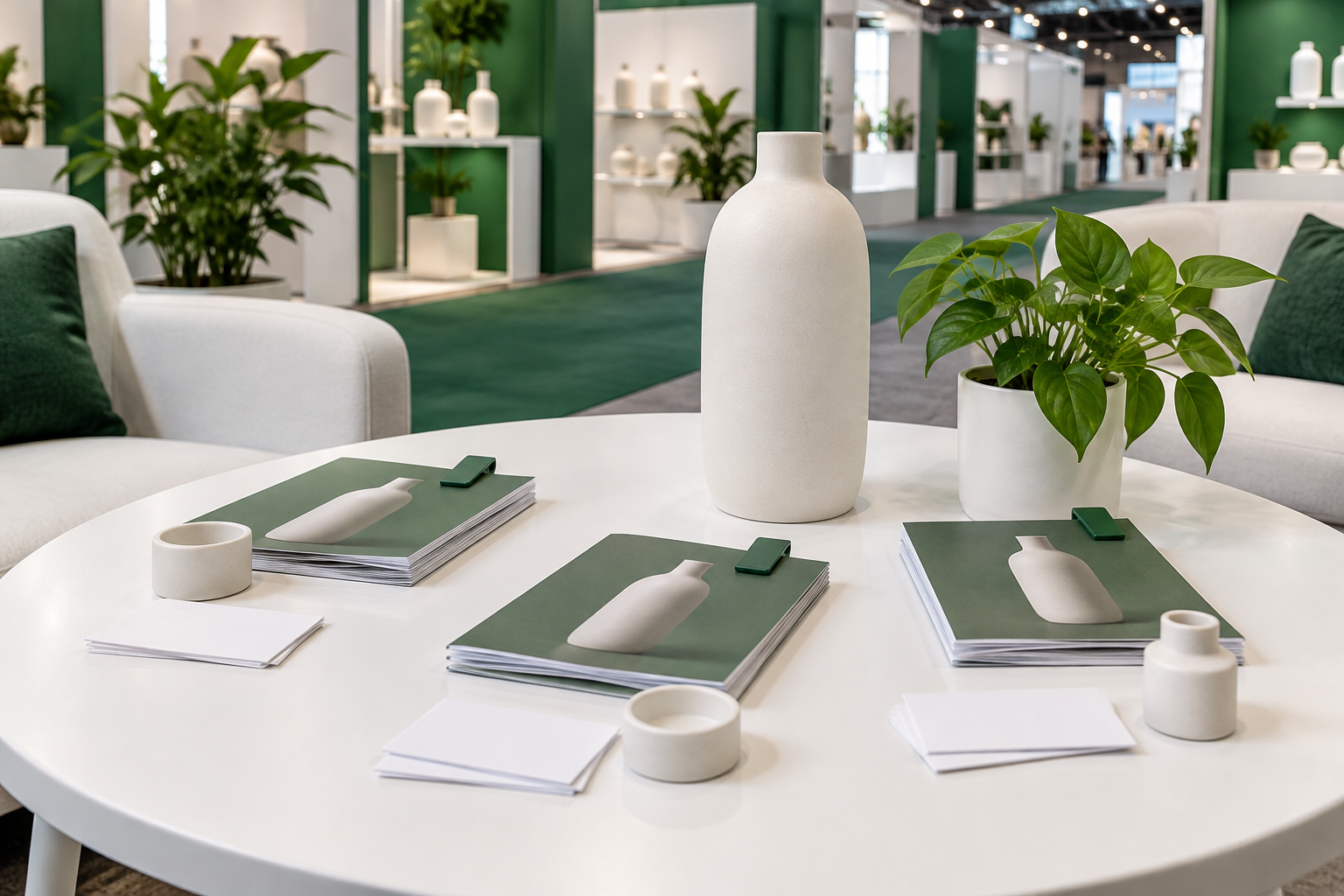 Post-show product references and contact materials beside a white stoneware vase at an exhibition